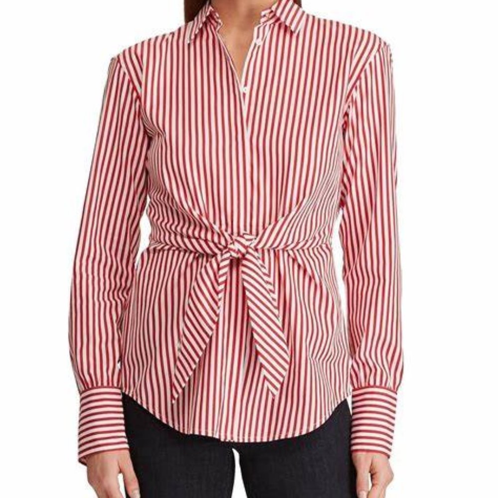 Ralph Lauren Red/White Striped Cotton Blouse - L